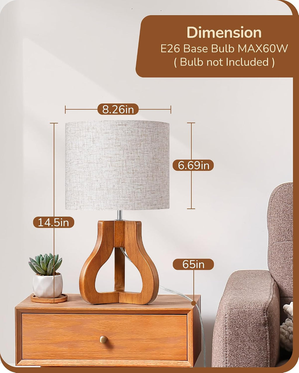 14.6" Modern Table Lamp, Rose Wood Base Nightstand Lamp, E26 Base | Beige Linen Shade, On-Off Line Switch, Small Cute Bedside Lamp for Living Room, Bedroom, Office