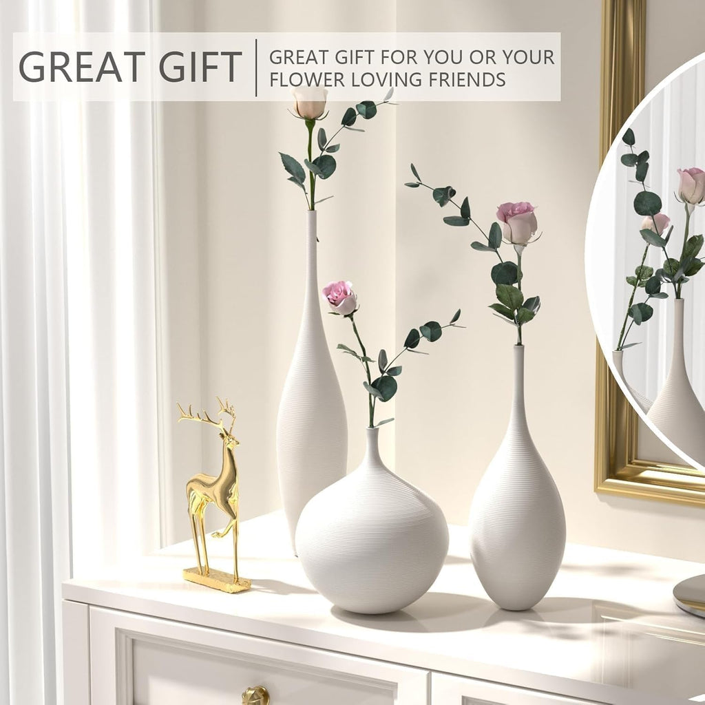 White Ceramic Vase Modern Boho Wabi-Sabi Flower Vase Set of 3 Decorative Aesthetic Vases for Centerpieces Pampas Matte Minimalist Vases for Living Room Table Shelf Home Decor Gift