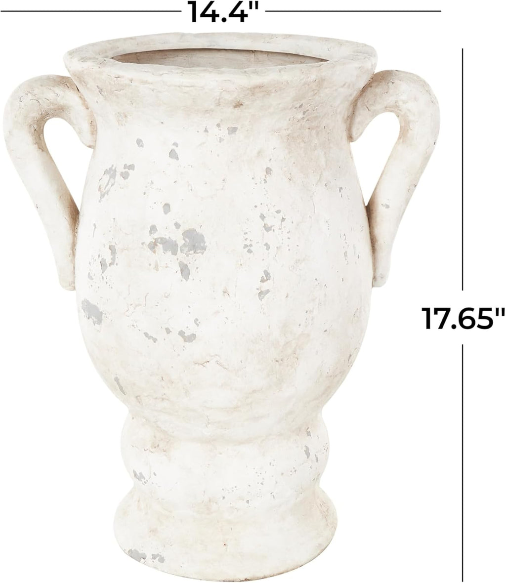 Deco 79 Ceramic Decorative Vase Antique Style Distressed Centerpiece Vase with Handles, Flower Vase for Home Decoration 14" X 11" X 18", Cream