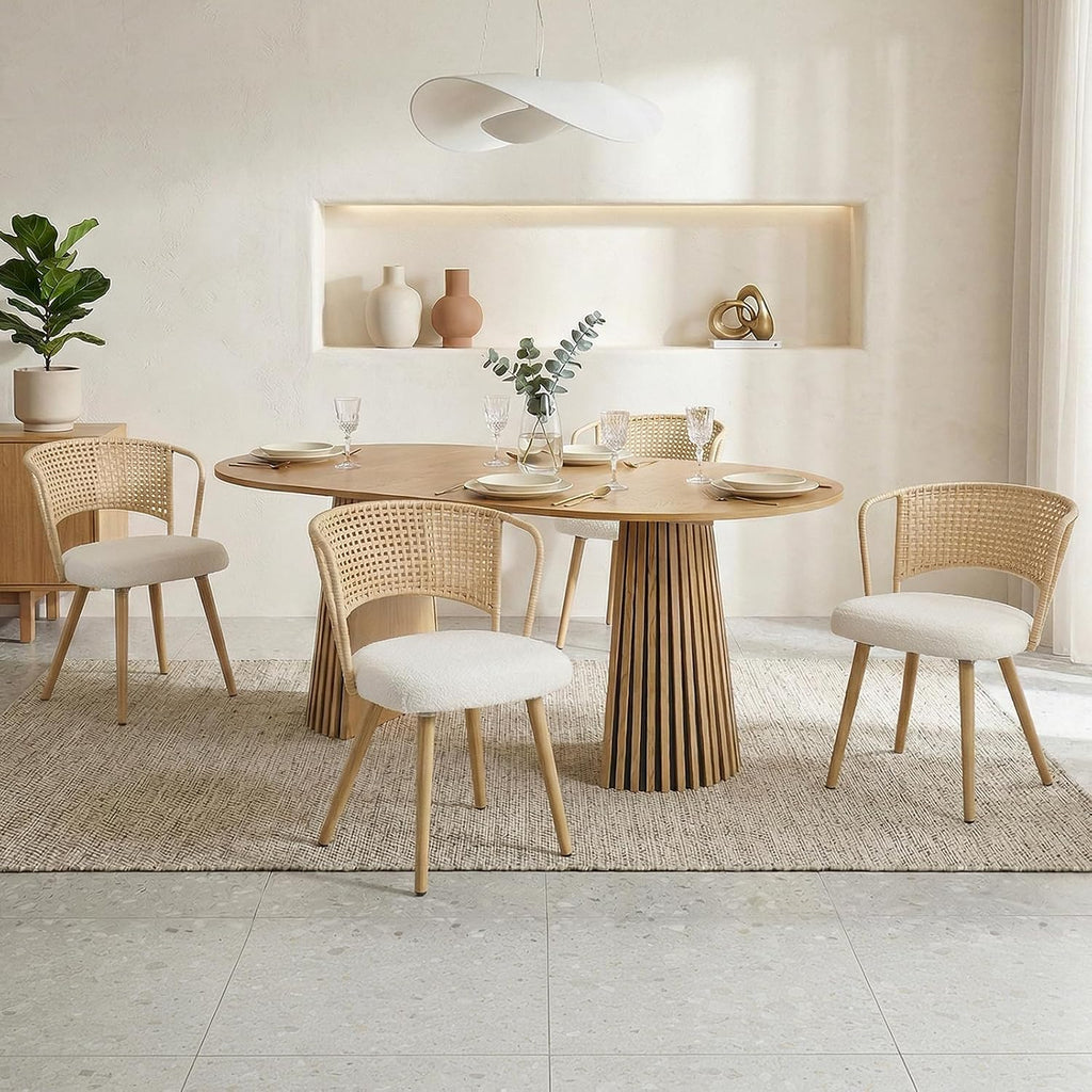 Wicker Dining Chairs Set of 4, Farmhouse Cane Back Kitchen Chairs with Upholstered Cushion, Wingback Rattan Dining Chair with Metal Legs & Adjustable Feet, Modern Dining Room Chairs, Brown