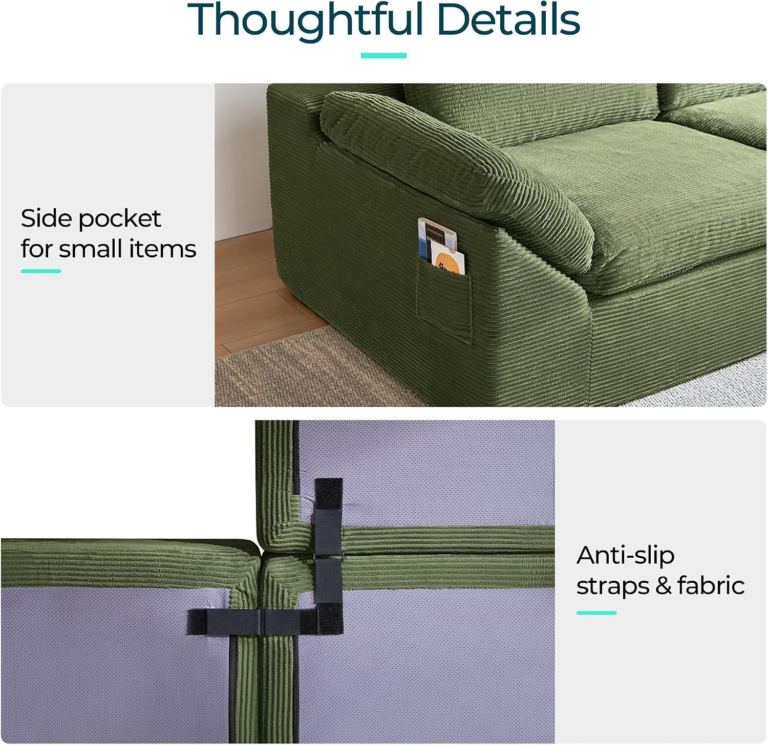 109" Modular Couch Modern Boneless Cloud Couch, U Shaped Sofa with Movable Ottomans, Deep Seat Corduroy Sectional Couches for Living Room, Apartment, No Assembly Required, Green