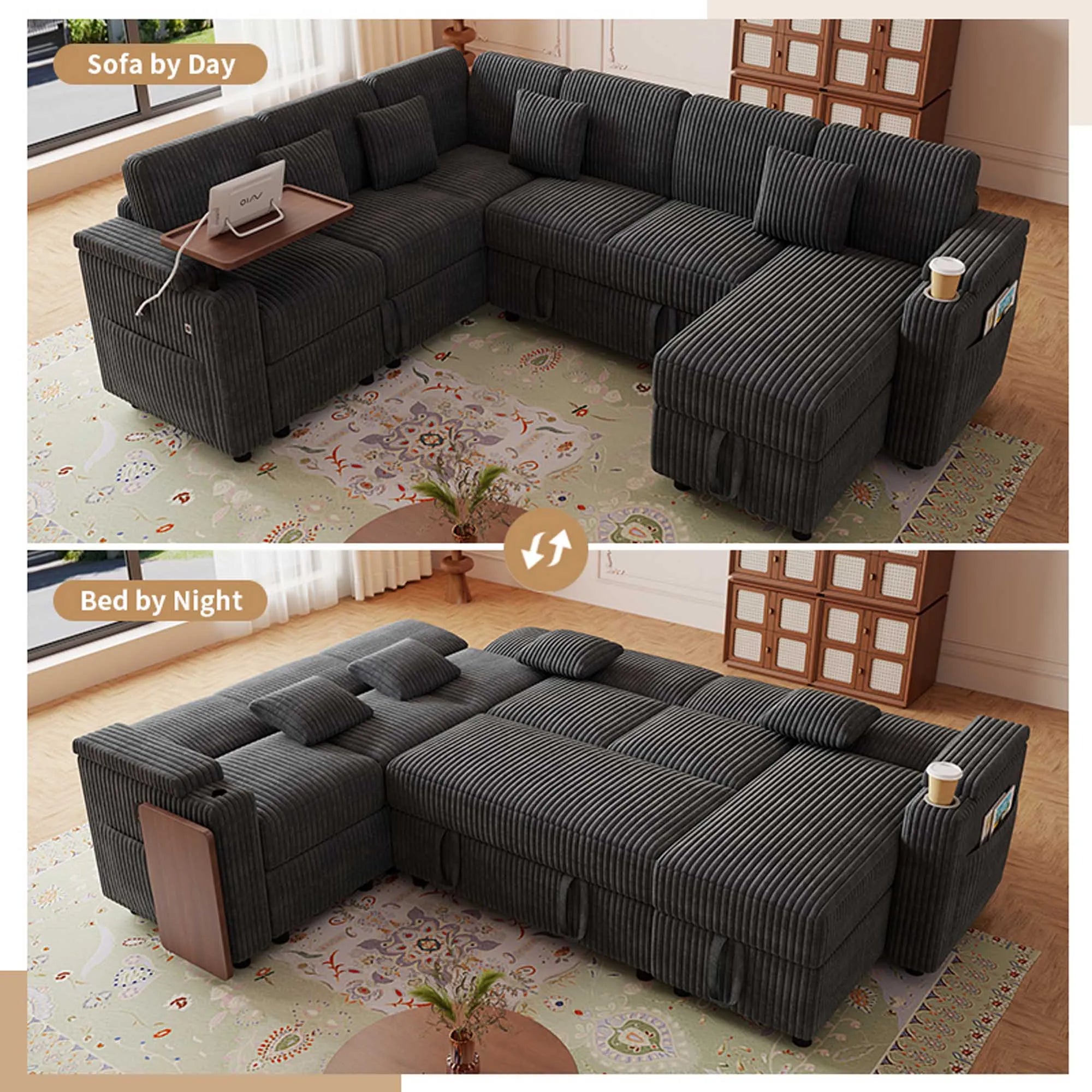 Dark gray corduroy U shaped sleeper sectional