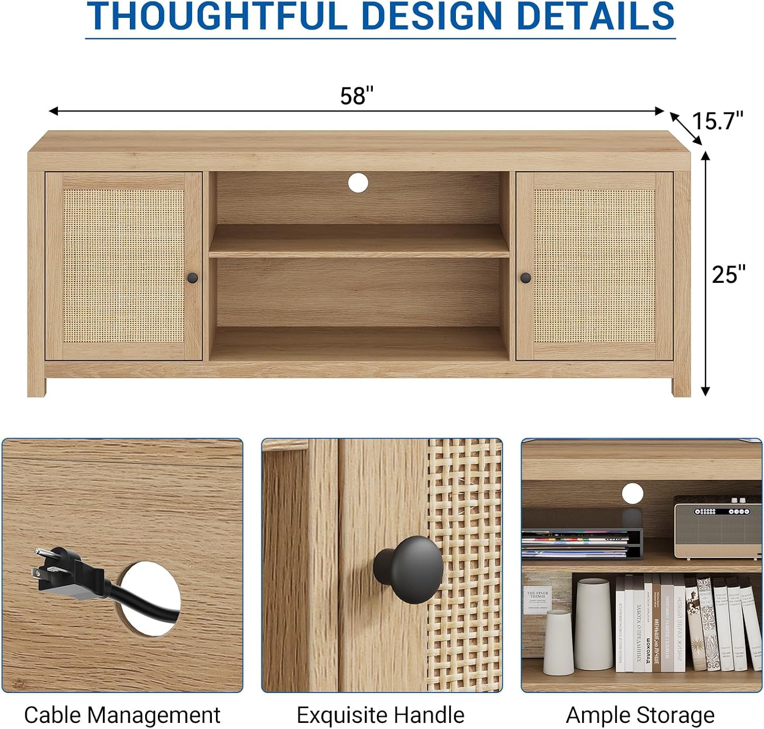 Natural oak boho rattan media console
