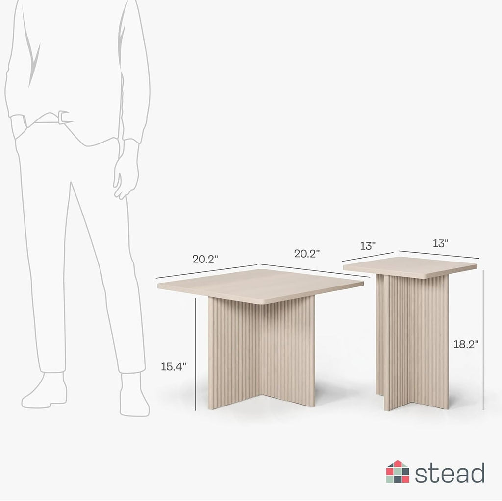 Square Nesting Coffee Table Set - Fluted Oak Base Center Table for Living Room - Wood Grain Veneer Top Living Room Ensemble Set - Easy Assembly Nesting Duo - Weathered White, 2-Piece
