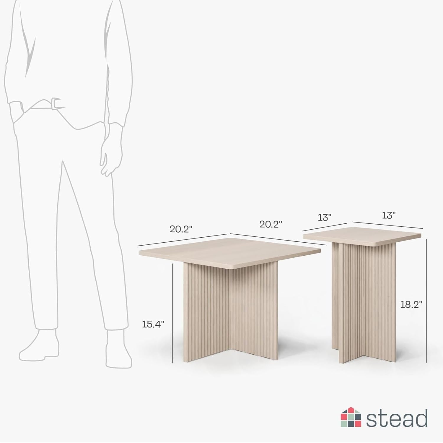 Square Nesting Coffee Table Set - Fluted Oak Base Center Table for Living Room - Wood Grain Veneer Top Living Room Ensemble Set - Easy Assembly Nesting Duo - Weathered White, 2-Piece