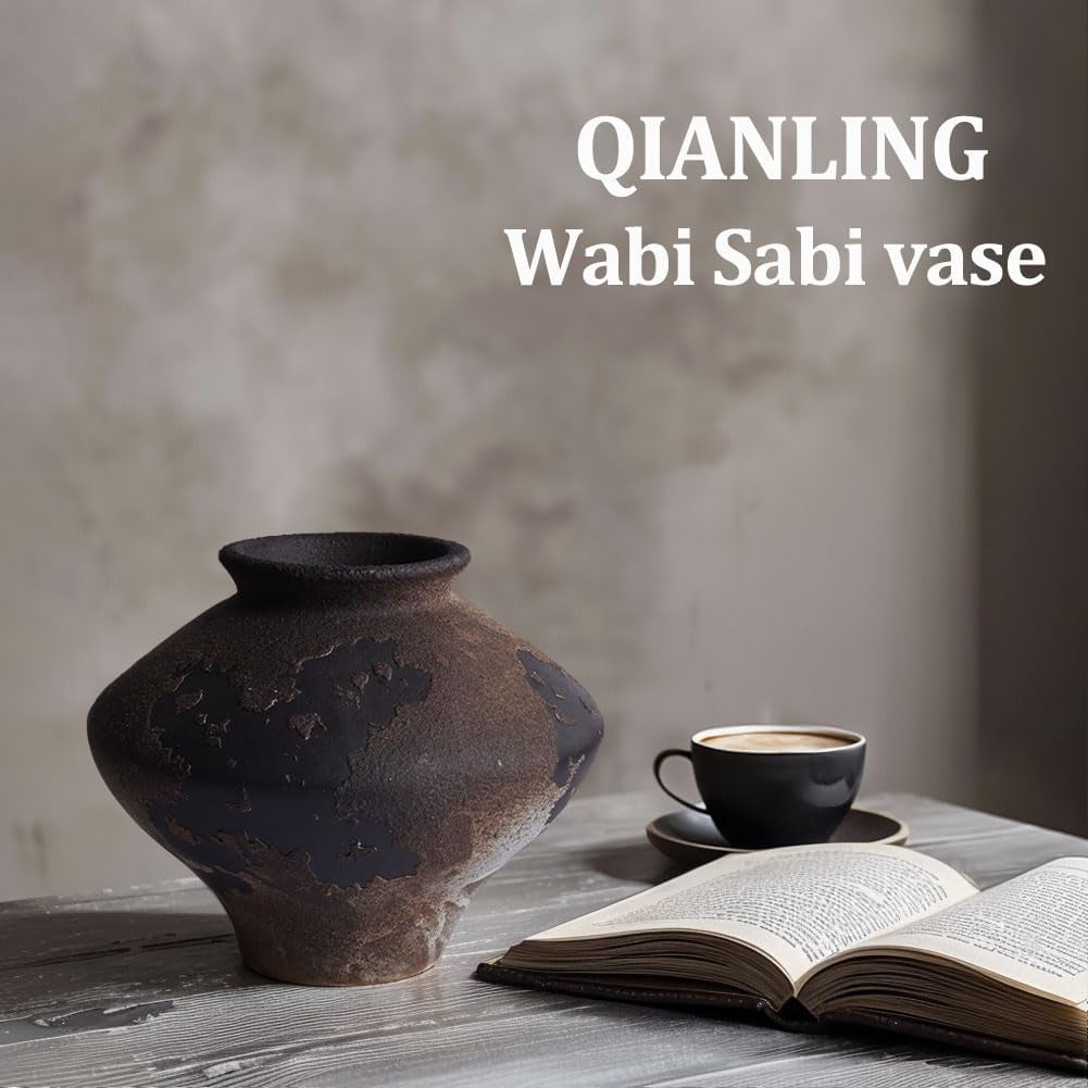 Wabi Sabi Rusty Vintage Vase, 6.3" Tall Wabi Sabi Decor Rustic Farmhouse Pottery Vase for Centerpiece, Textured Pottery Flower Vases for Home Decorative, Table, Living Room, Bedroom, Bathroom, Kitchen