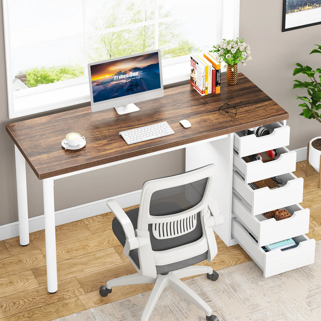 Computer Desk with 5 Drawers, 47 Inches Rustic Brown Home Office Desk with Storage, Modern Simple Laptop Desk Study W
