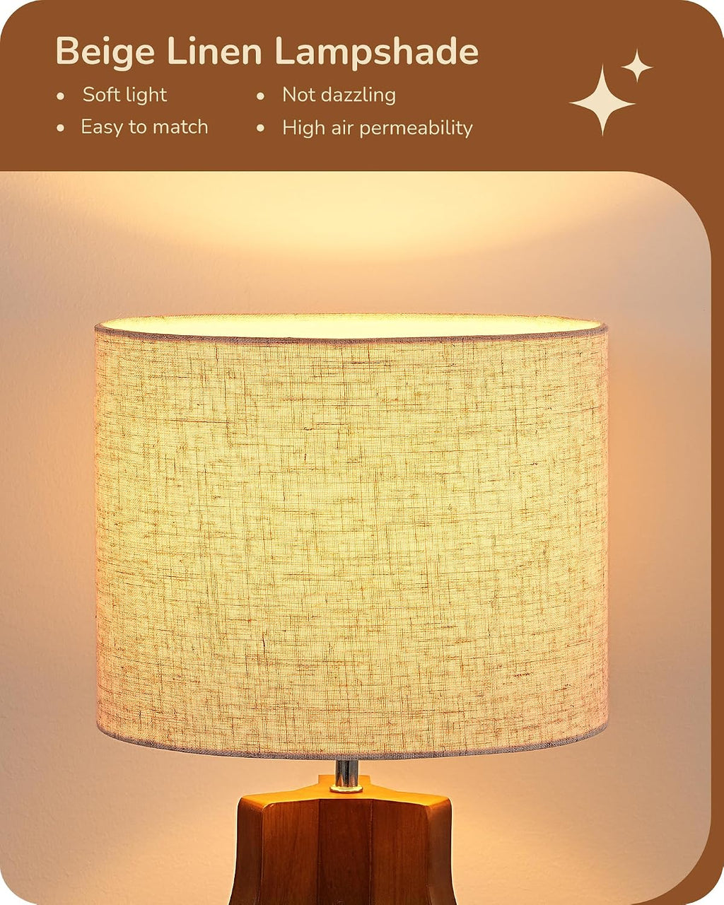 14.6" Modern Table Lamp, Rose Wood Base Nightstand Lamp, E26 Base | Beige Linen Shade, On-Off Line Switch, Small Cute Bedside Lamp for Living Room, Bedroom, Office