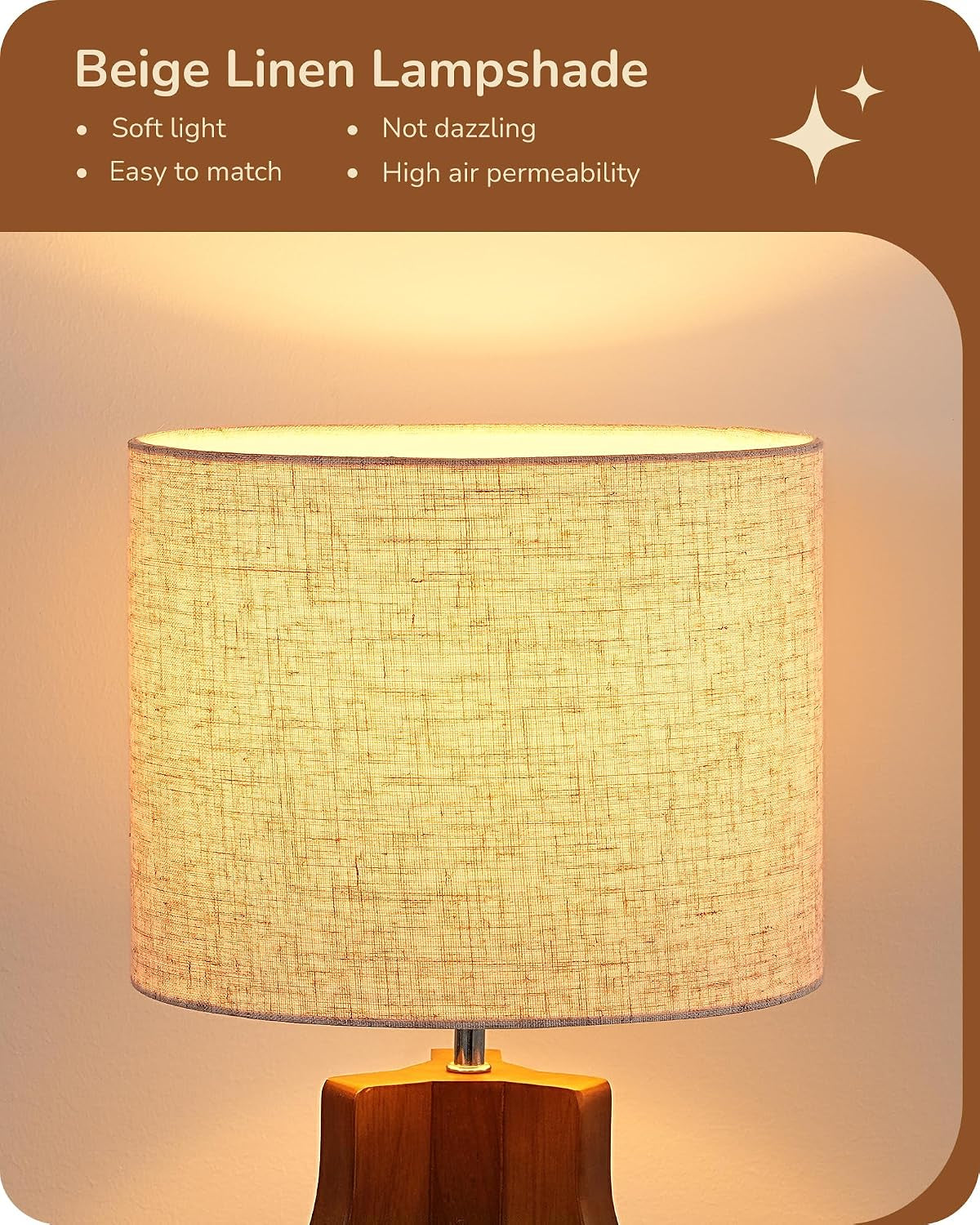 14.6" Modern Table Lamp, Rose Wood Base Nightstand Lamp, E26 Base | Beige Linen Shade, On-Off Line Switch, Small Cute Bedside Lamp for Living Room, Bedroom, Office