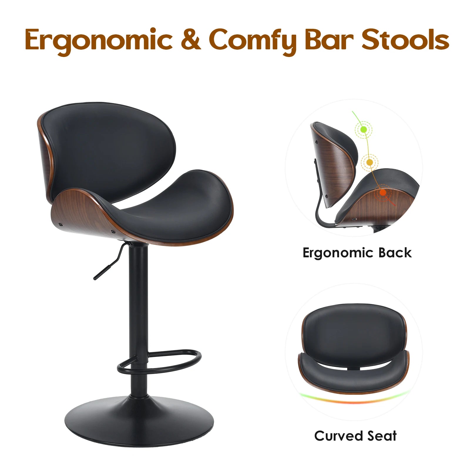 Set of 2 Swivel Bar Stools, Adjustable Height Bentwood Barstools with Backrest & Footrest, Modern Kitchen Counter Chair for Home Bar, Island