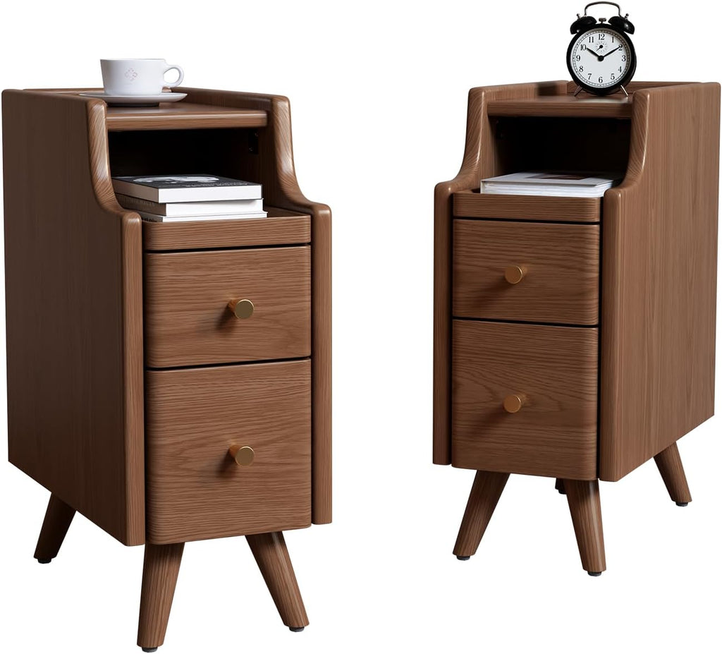 Narrow Nightstand with Drawers, Wood Bedside Table, Small Walnut Nightstand Set of 2