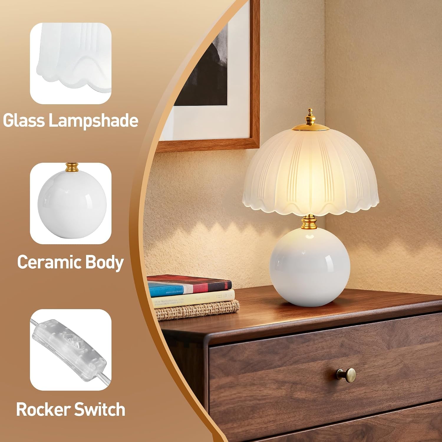 Mushroom Table Lamp, Ceramic Bedside Lamp with Glass Shade, 3-Way Lighting (2700K-5000K) Rocker Switch, Small Nightstand Lamp for Bedroom, Living Room, Office, White