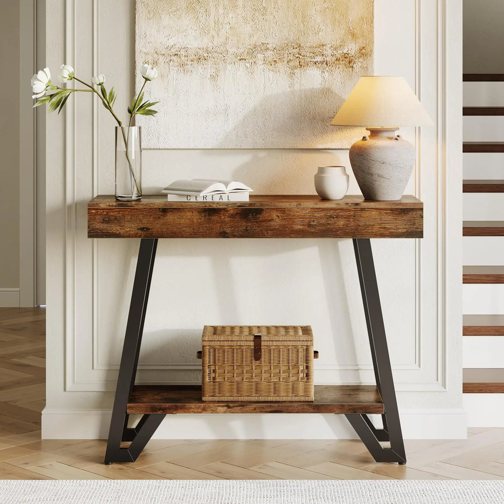 41'' Console Table with Metal Frame, 2-Tier Entryway Tables with Storage Shelves, Hallway Sofa Table for Living Room