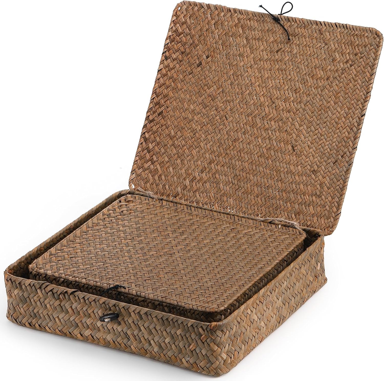 2 Pack Flat Wicker Woven Storage Bins with Lid and Wood Toggle, Natural Handmade Seagrass Basket Set, Rattan Organizer Bins for Shelf, Closet, Bedroom