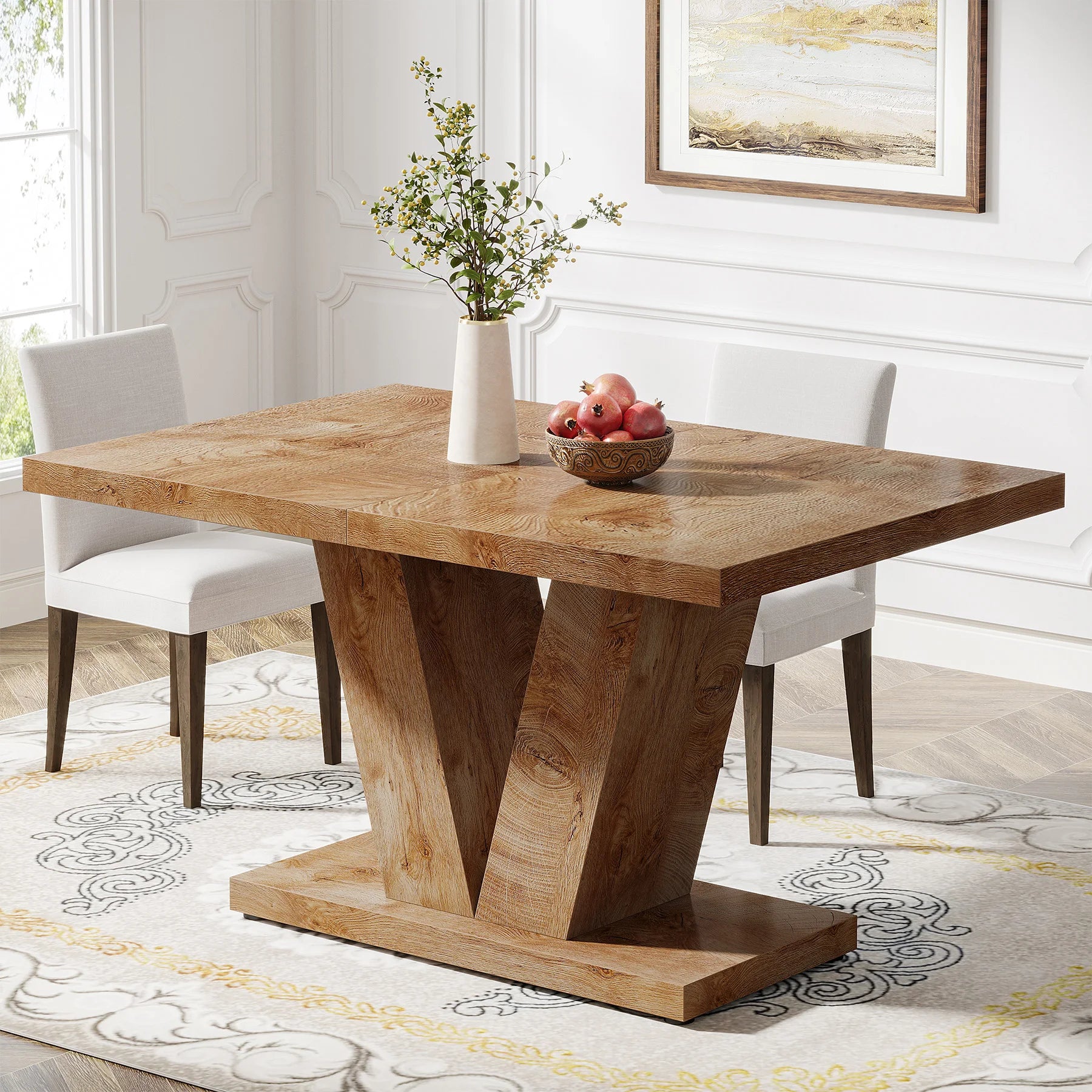 47-Inch Dining Table for 4-6, White Kitchen Dinner Table with Heavy Duty Pedestal, Farmhouse Wooden Eating Table