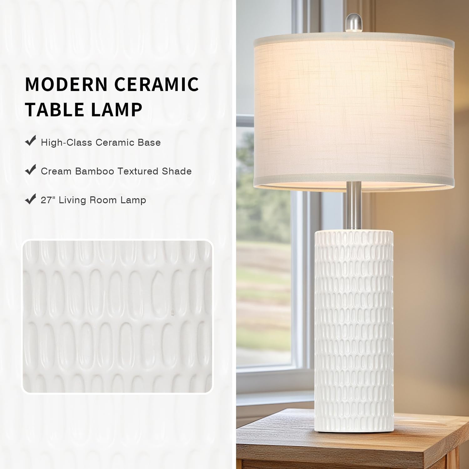 27" Ceramic Table Lamp, Farmhouse Table Lamp for Living Room, White Lamp for Bedroom, Night Stand, Modern Bedside Lamp Set of 2, End Table Lamps, White(2 Bulbs Included)