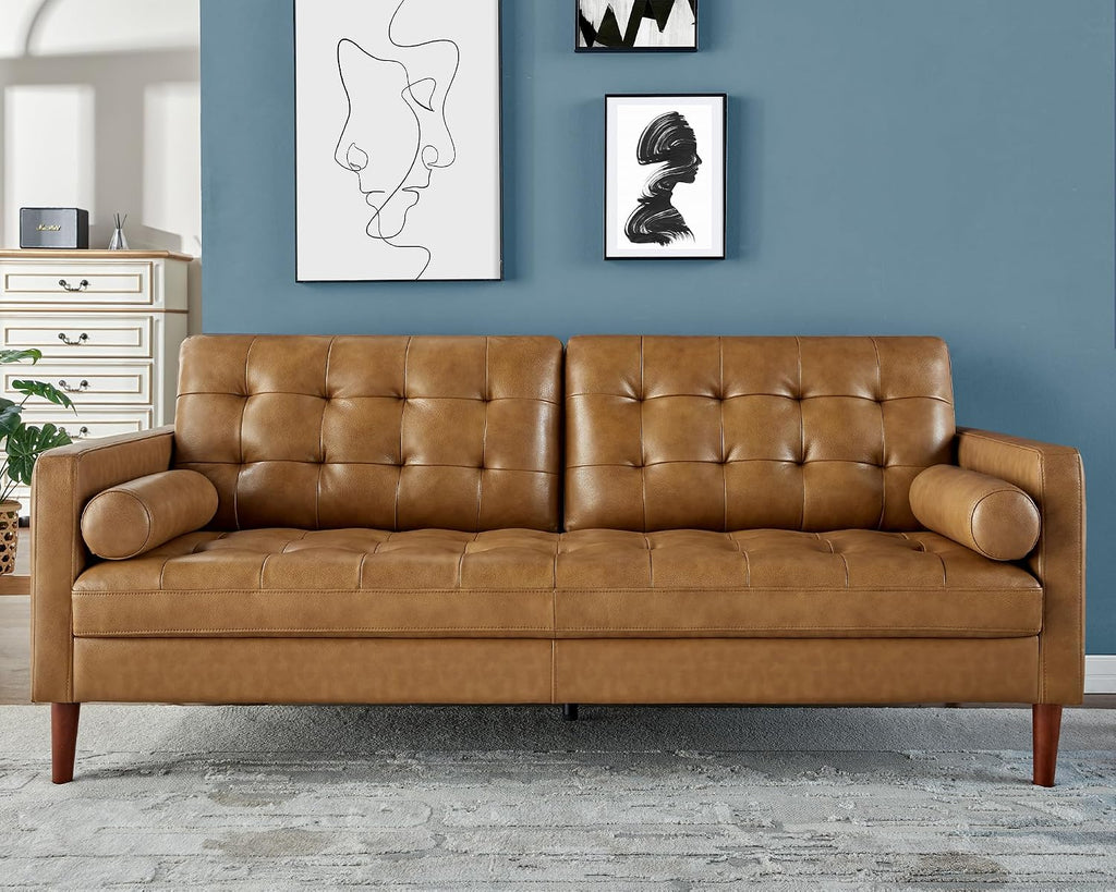Leather Sofa, Modern Genuine Leather Sofa, 3 Seater Comfy Couch | Genuine Top Grain Leather, Mid Century Modern Sofa for Home Office & Living Room-Brown