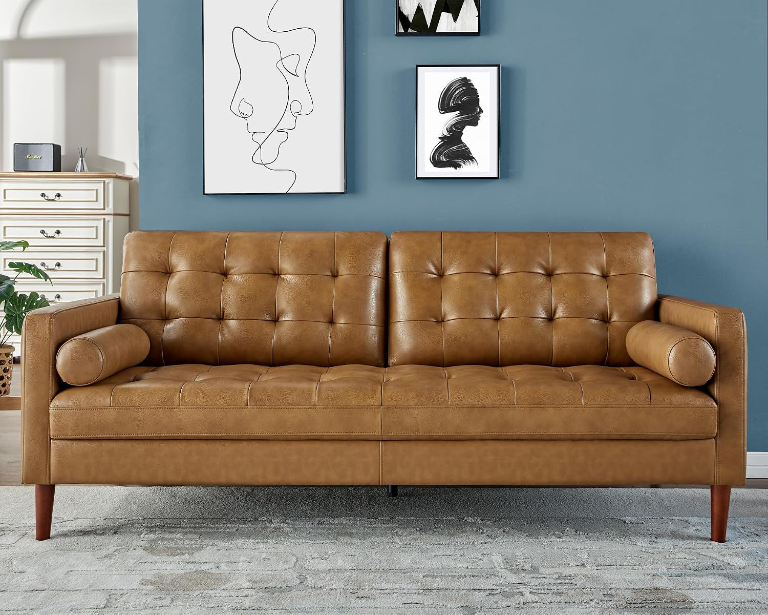 Leather Sofa, Modern Genuine Leather Sofa, 3 Seater Comfy Couch | Genuine Top Grain Leather, Mid Century Modern Sofa for Home Office & Living Room-Brown