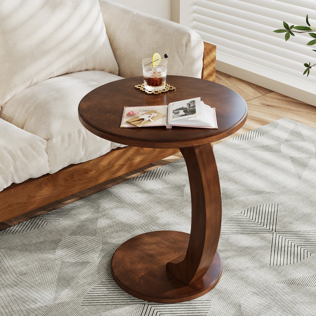 round End Table, Wood C-Shaped Side Table, Small Couch Side Table, Mid-Century End Table, Retro Side Table