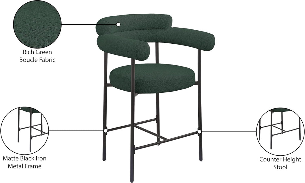 Meridian Furniture 986Green-C Blake Collection Modern | Contemporary Counter Stool with Rich Green Boucle Fabric, Matte Black Iron Metal Frame, 26" W X 23.5" D X 38" H, Green, Set of 2