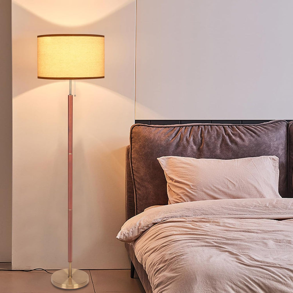 Mid-Century Modern Floor Lamp, Walnut Wood Finish, Drum Shade, Living Room Décor (64In, E26 LED)