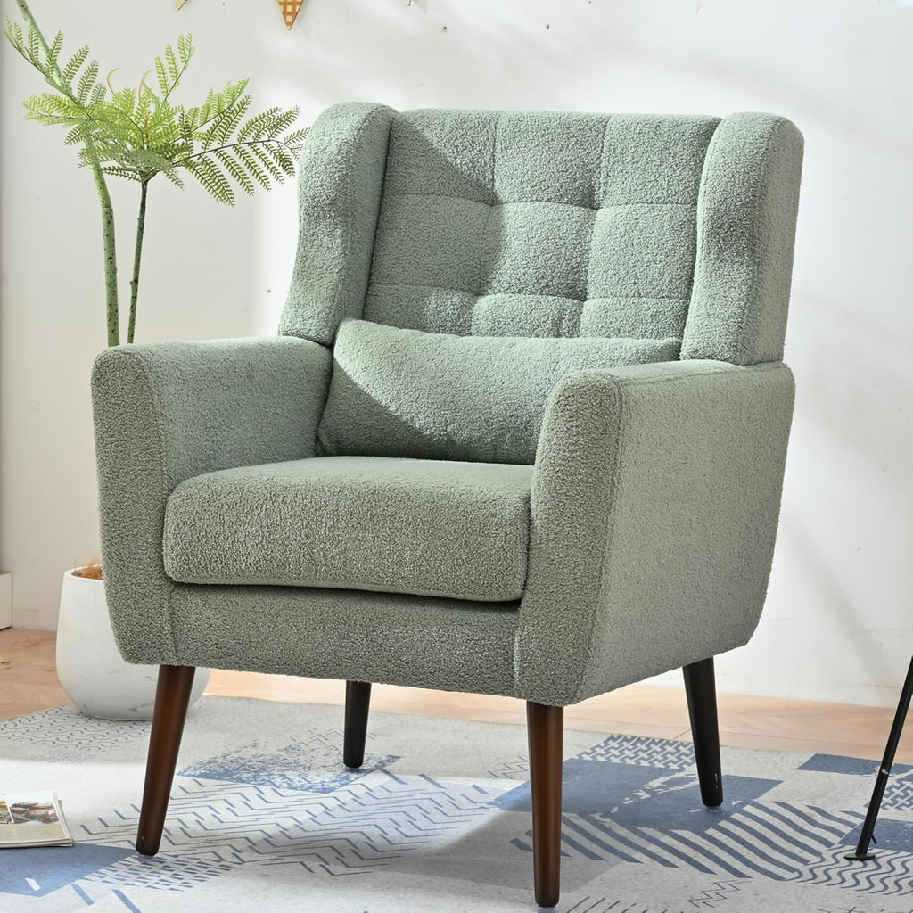 Modern Accent Chair Teddy Fabric Armchair with Pillow, Solid Wood Legs & High-Density Foam Filled, Soft Padded Lounge Chair Mid Century Reading Chair for Living Room, Bedroom, Light Green