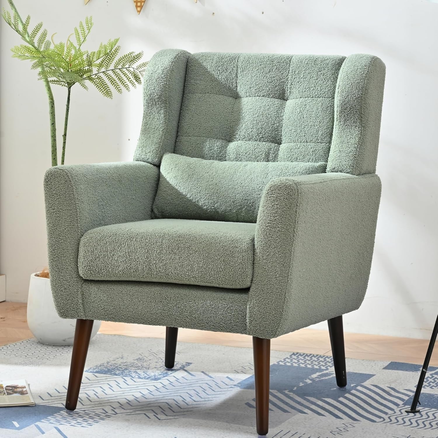 Modern Accent Chair Teddy Fabric Armchair with Pillow, Solid Wood Legs & High-Density Foam Filled, Soft Padded Lounge Chair Mid Century Reading Chair for Living Room, Bedroom, Light Green