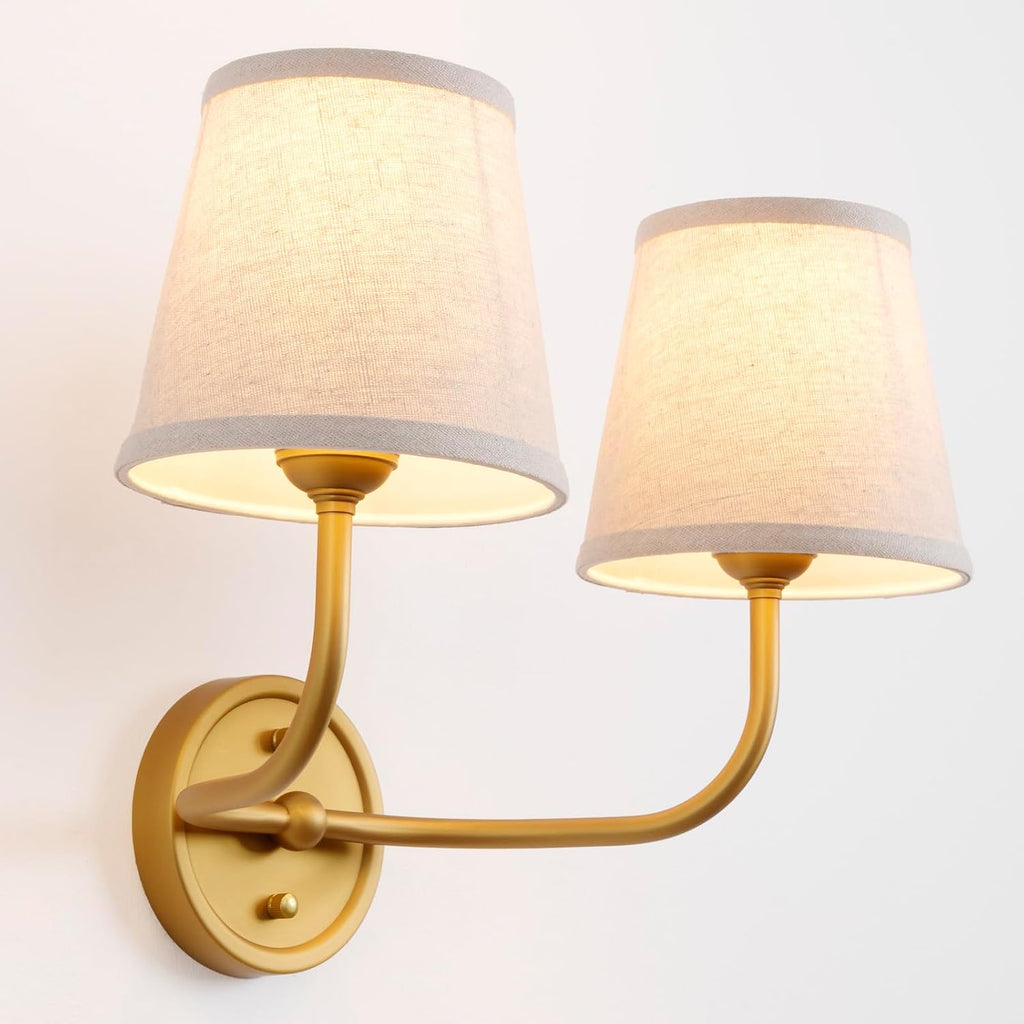 2-Light Vintage Wall Sconce,Brass Gold Double Wall Sconces with Linen Fabric Shade Hardwired Bathroom Vanity Light for Bedroom Living Room Bedside Kitchen Hallway Indoor E26 Base