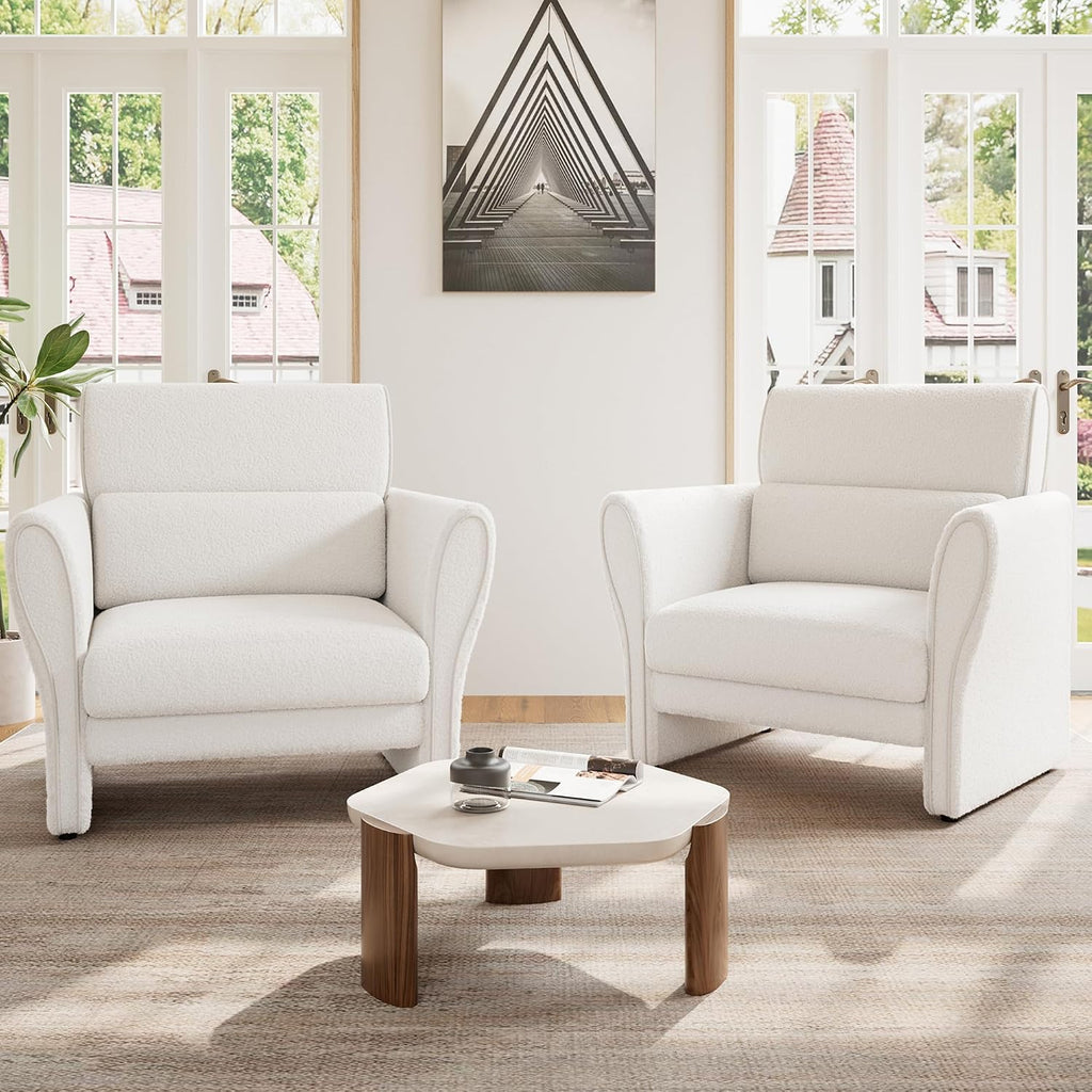 Modern Accent Chair, Boucle Upholstered Armchair for Living Room, Mid-Century Lounge Chair, Comfy Single Sofa for Bedroom, Ivory