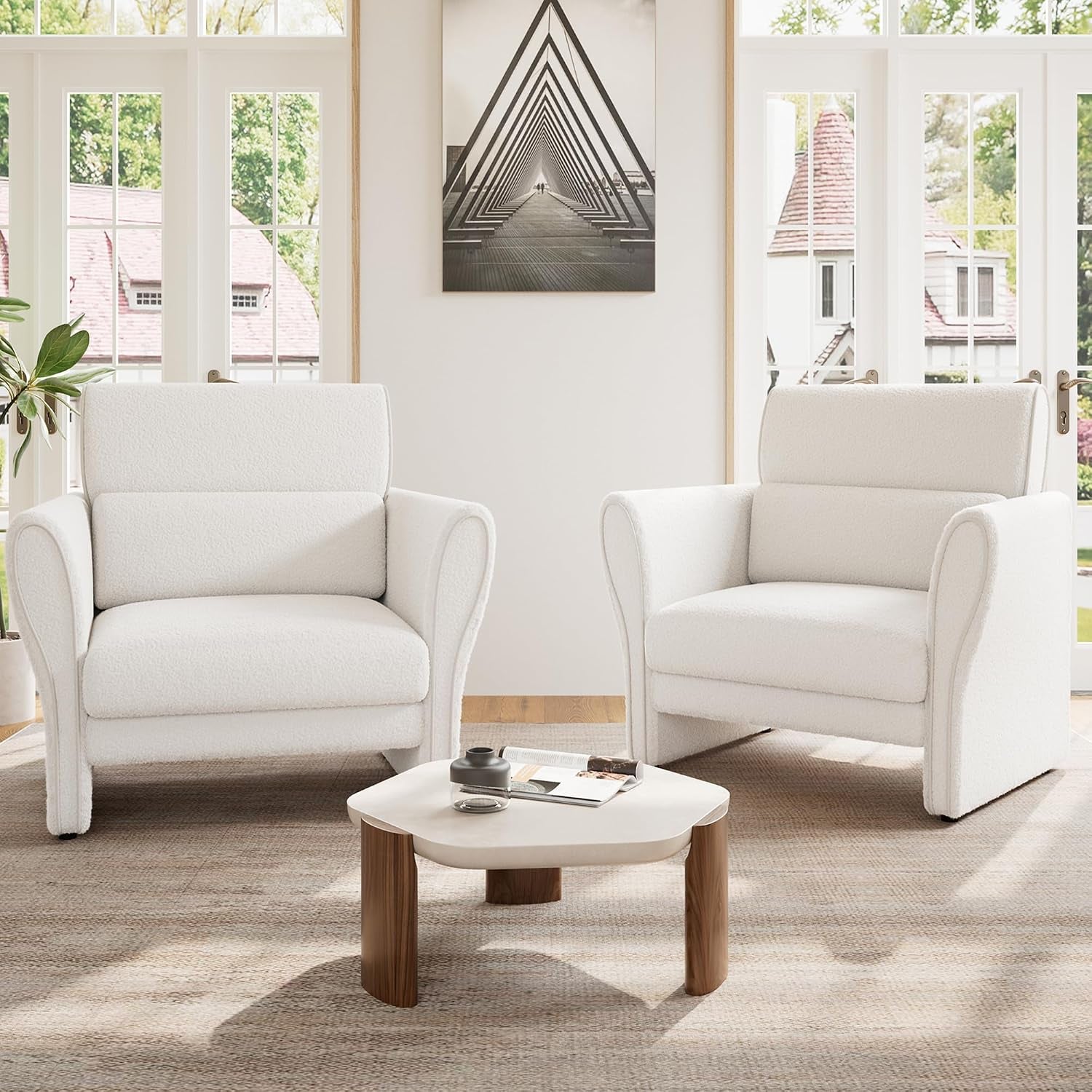 Modern Accent Chair, Boucle Upholstered Armchair for Living Room, Mid-Century Lounge Chair, Comfy Single Sofa for Bedroom, Ivory