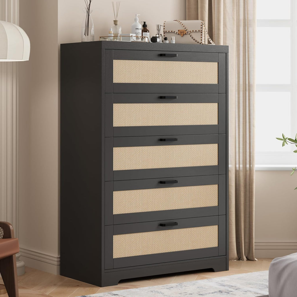 Rattan 5 Drawer Dresser, Wood Tall Chest of Drawers, Black | Rattan Dresser for Bedroom with Power Outlets, 5-Drawer Wood Tall Chest of Drawers