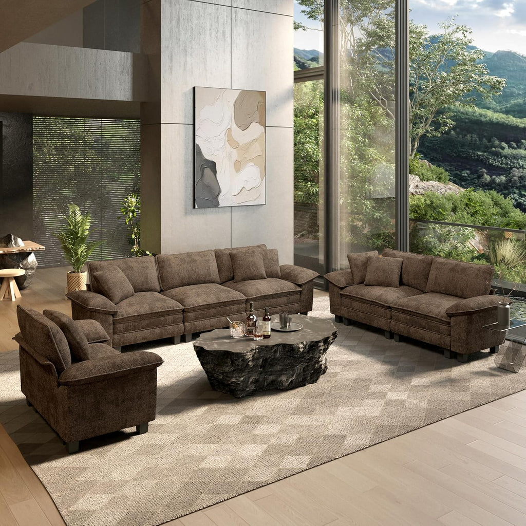 3 Pieces Modular Sectional Couch Set with Armchair Loveseat | Modern 6-Seater Cloud Sofa Set , Grayish Brown, Wider Armrest, Deep Seat, Soft Chenille Furniture Set for Living Room