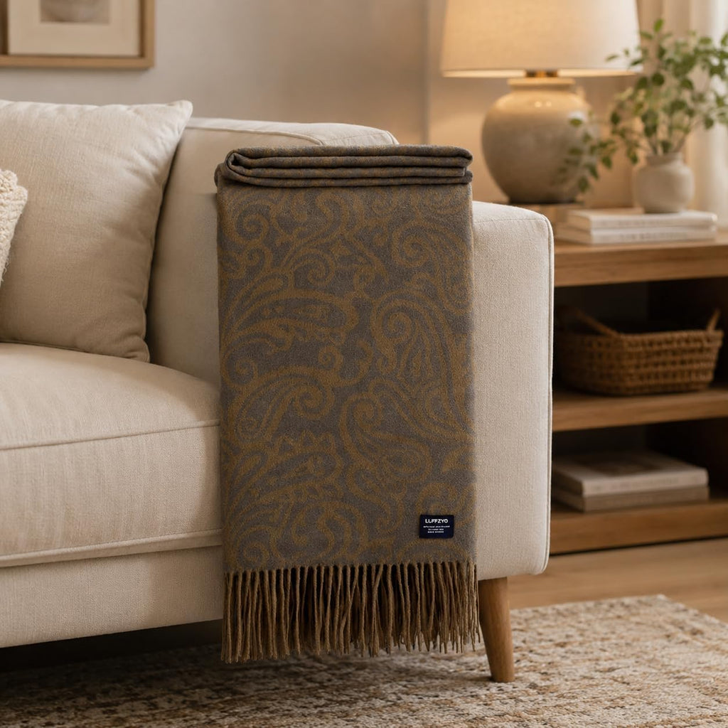 100% Wool Throw Blanket for Couch 50'' X 88''- Pure Wool Throw Blanket with Fringe, Soft Comfy Blanket for Couch Bedroom Lounge Chair Daybed, Khaki Couch Blanket for Minimalist Home Decor