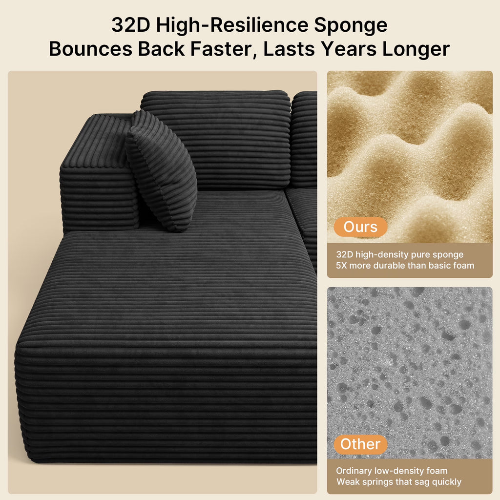 Sofa,  105" L-Shaped Sectional Couch for Living Room, High-Resilience Foam & Premium Corduroy Fabric, Free Assembly, Black
