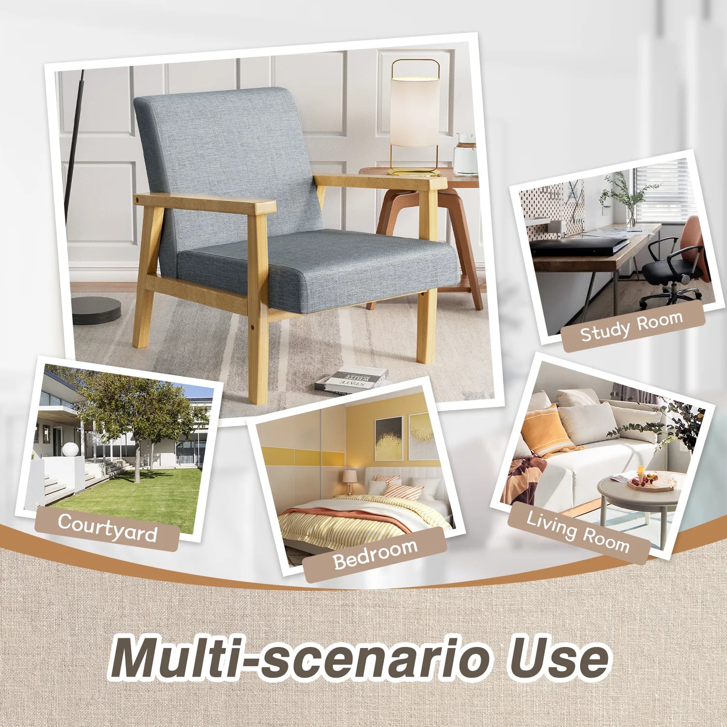 Modern Arm Chair Linen Fabric Upholstered Accent Chair with Solid Wood Frame Gray