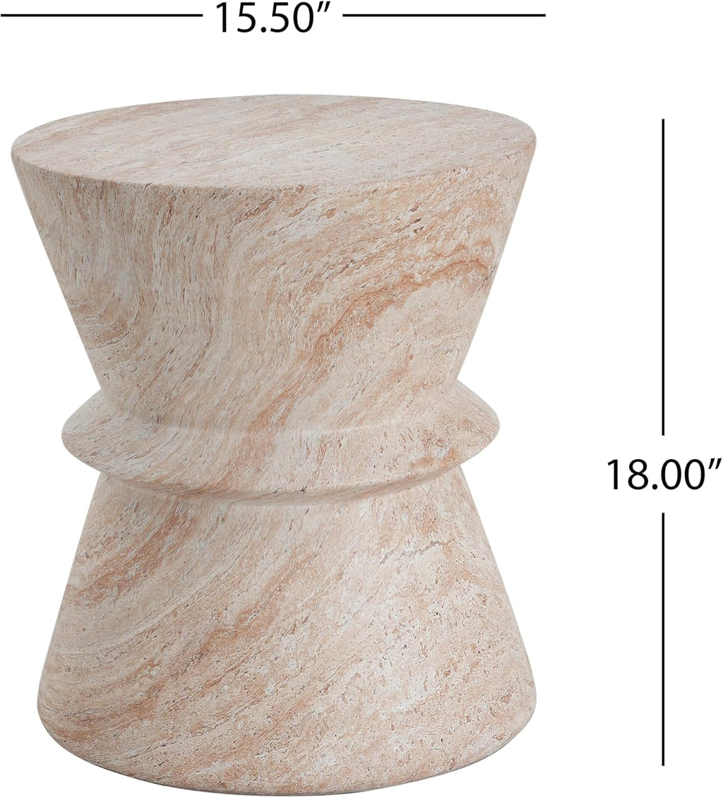 Outdoor Lightweight Concrete Side Table 15.5" Dx18 H Hourglass round Indoor Accent Table Weather Resistant End Table for Patio, No Assembly Required, Travertine Finish, Beige