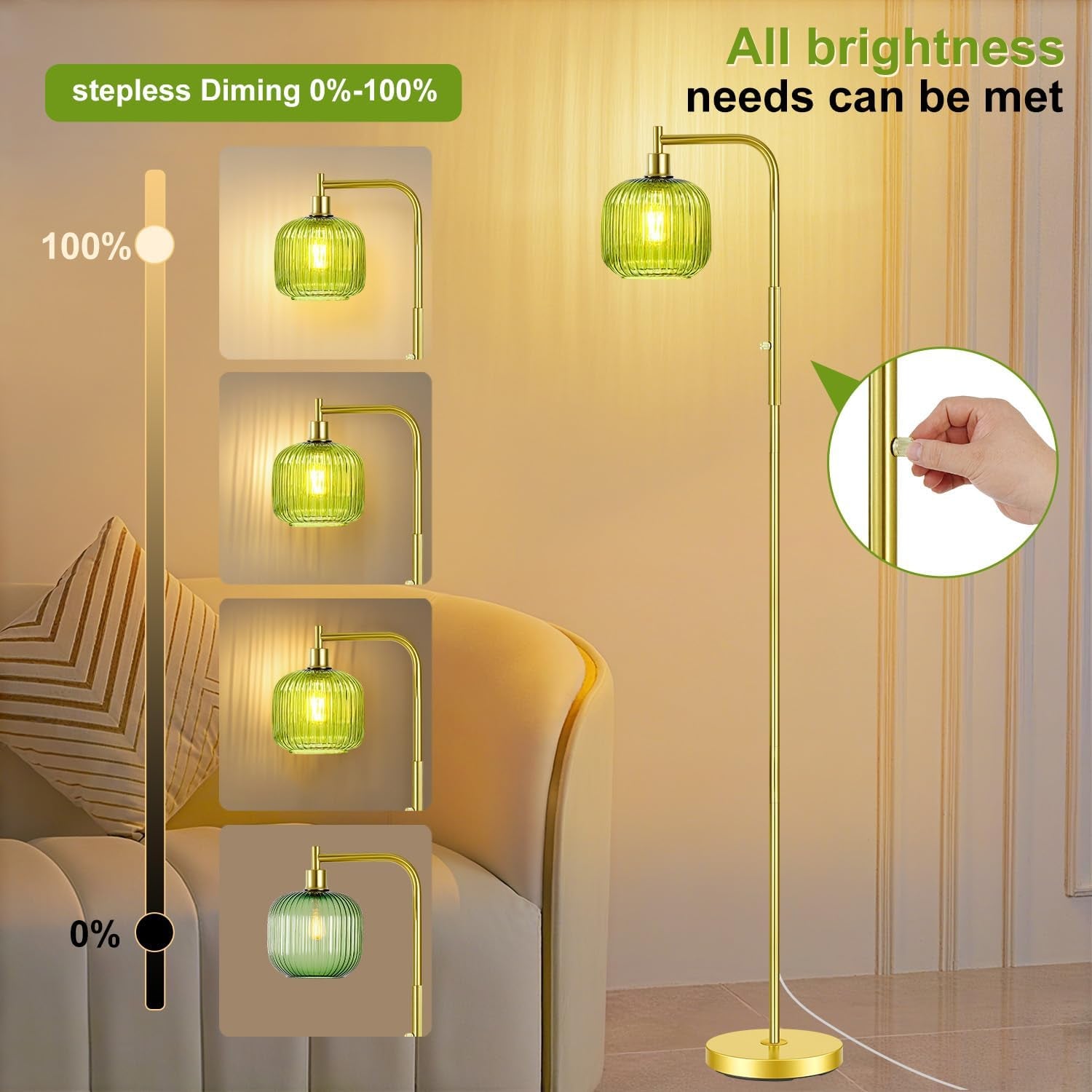 Dimmable Gold Floor Lamp with Ribbed Shade, Vintage Green Standing Lamp Dimmable with Solid Base, Arc Floor Lamps Glass for Living Room, Bedroom, Office, Decorative Tall Corner Lamps Gift Use