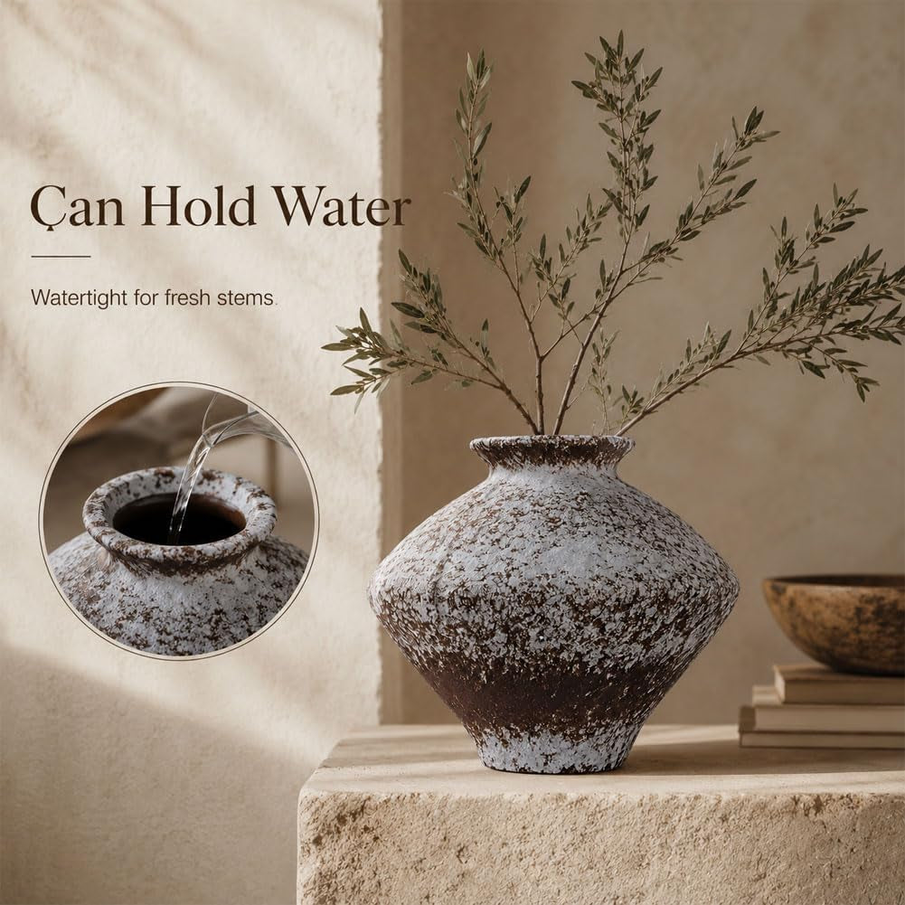 Wabi Sabi Rusty Vintage Vase, 11.4" Tall Wabi Sabi Decor Rustic Farmhouse Pottery Vase for Centerpiece, Textured Pottery Flower Vases for Home Decorative, Table, Living Room (Rusty White, Large)