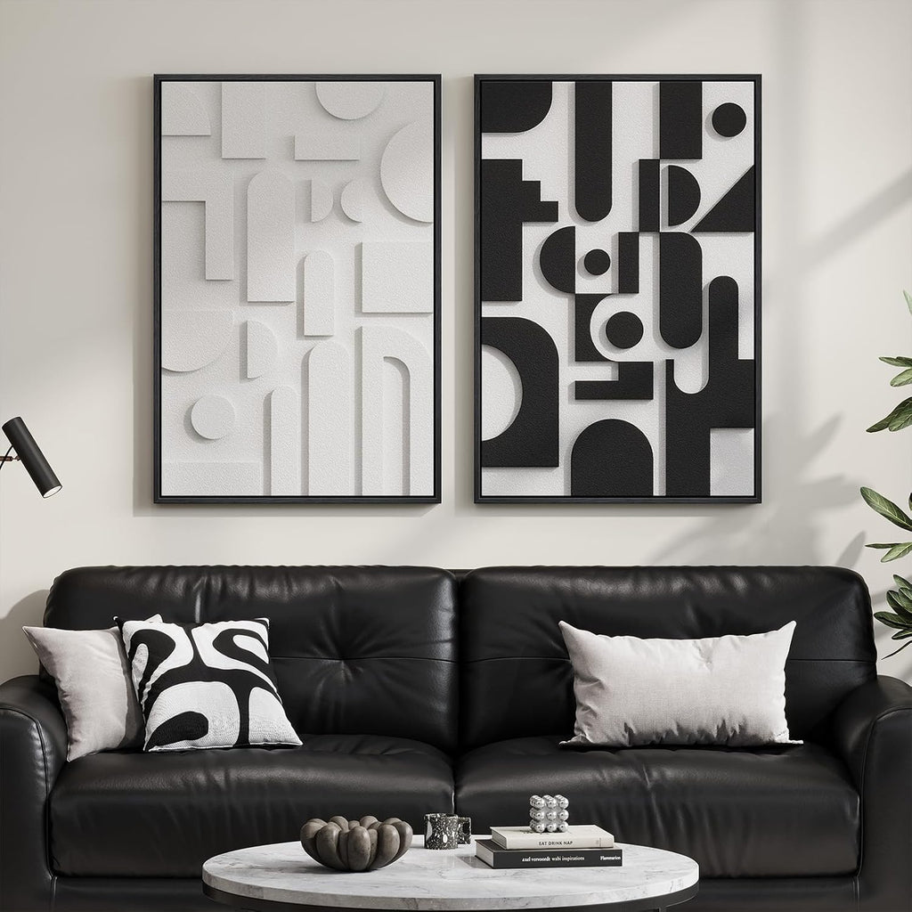 Black and white textured abstract framed wall art