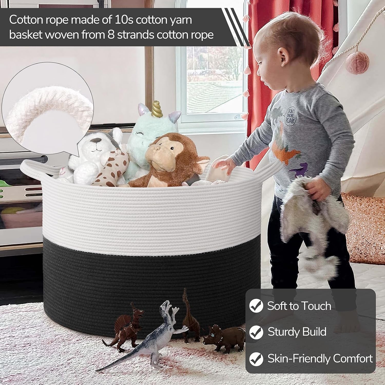 115L Extra Large Woven Rope Blanket Basket Living Room Whiteblack | 23.6" X 15.7" Storage Baskets for Toys Laundry & Pillows. Fits Living Room, Bedroom or Nursery Décor. Soft-Touch with Handles