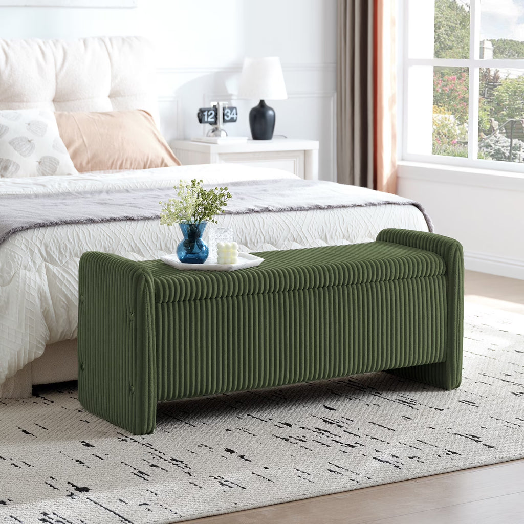 44" Upholstered Storage Bench, Wood Frame Entryway Bench with Storage for Bedroom & Living Room, Corduroy Olive Green