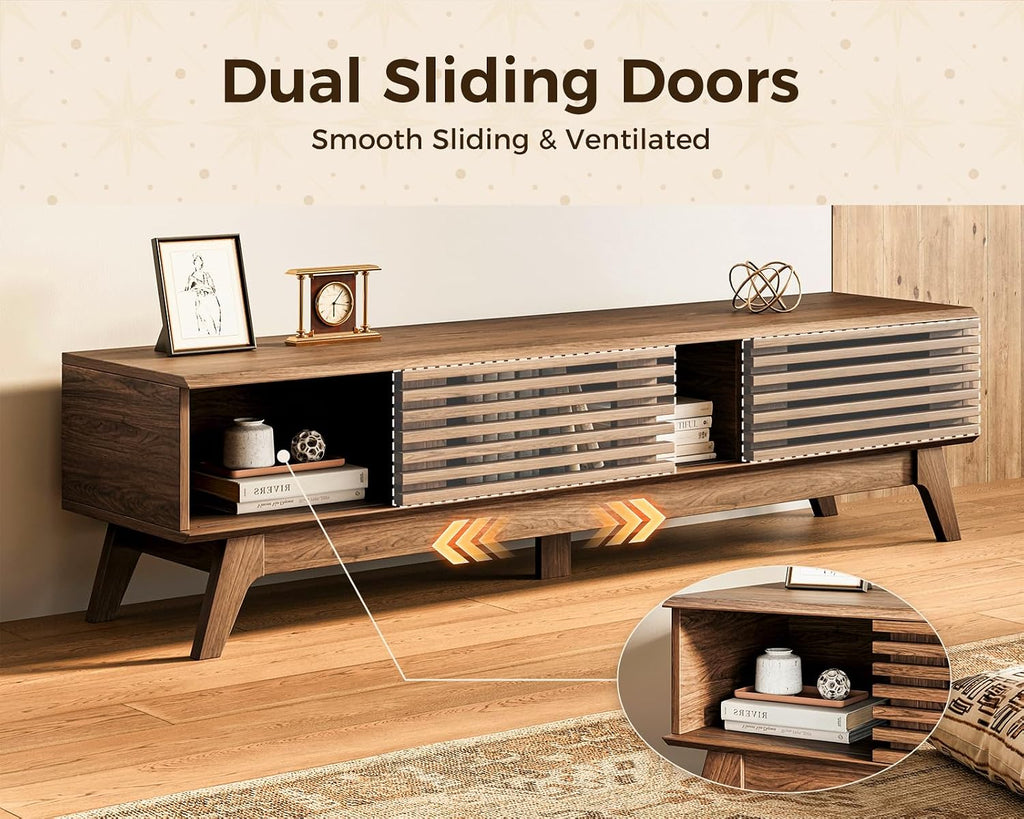 59" TV Stand, Media Console for Tvs up to 65", Walnut | Mid-Century Modern Design, Fluted Sliding Doors, Storage Cabinets, Cable Management, Media Console for Living Room, Bedroom