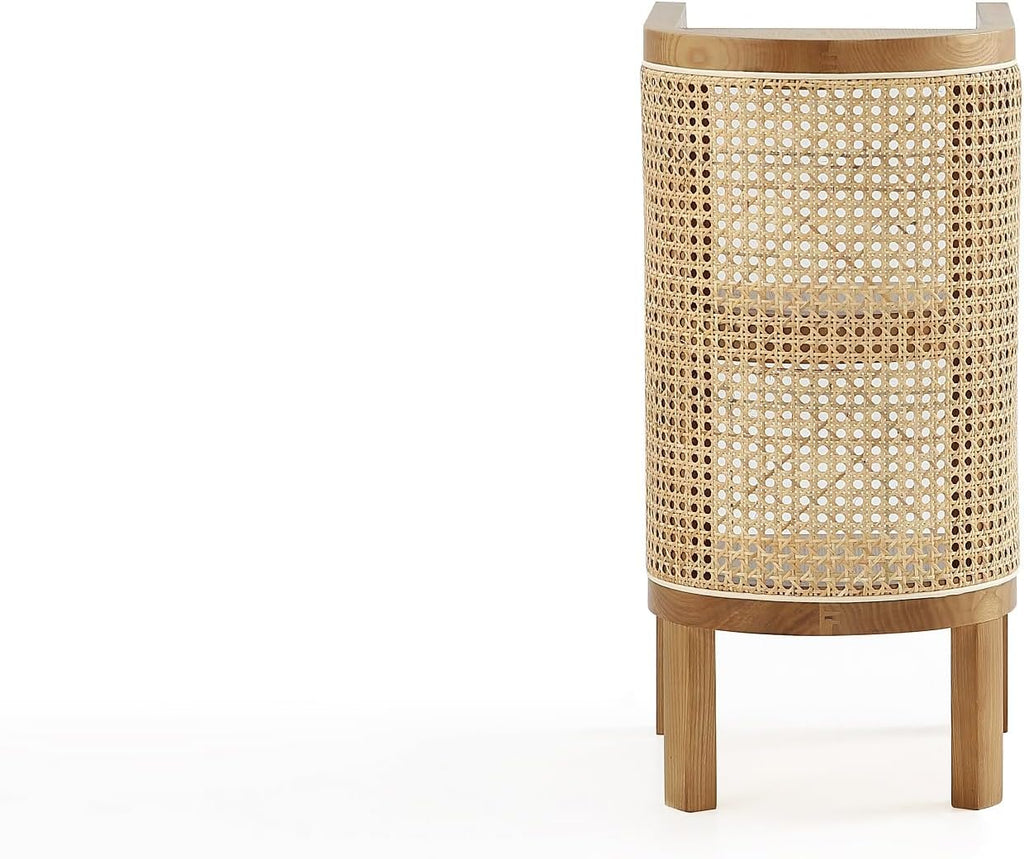 Versailles Rattan Bedside End Table Accent Sofa Side Table for Living Room, Bedroom, Study and Home Office with 2 Shelf Storage, Natural Cane