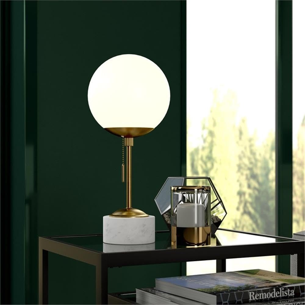 Reagan 17.75" Tall Table Lamp with Glass Shade in Brass/ White Marble/White Milk | Art Deco-Inspired Globe Lamp with a Stone Base and Gold Stem, Offering Ambient Light for Living Rooms, Bedrooms, or Offices