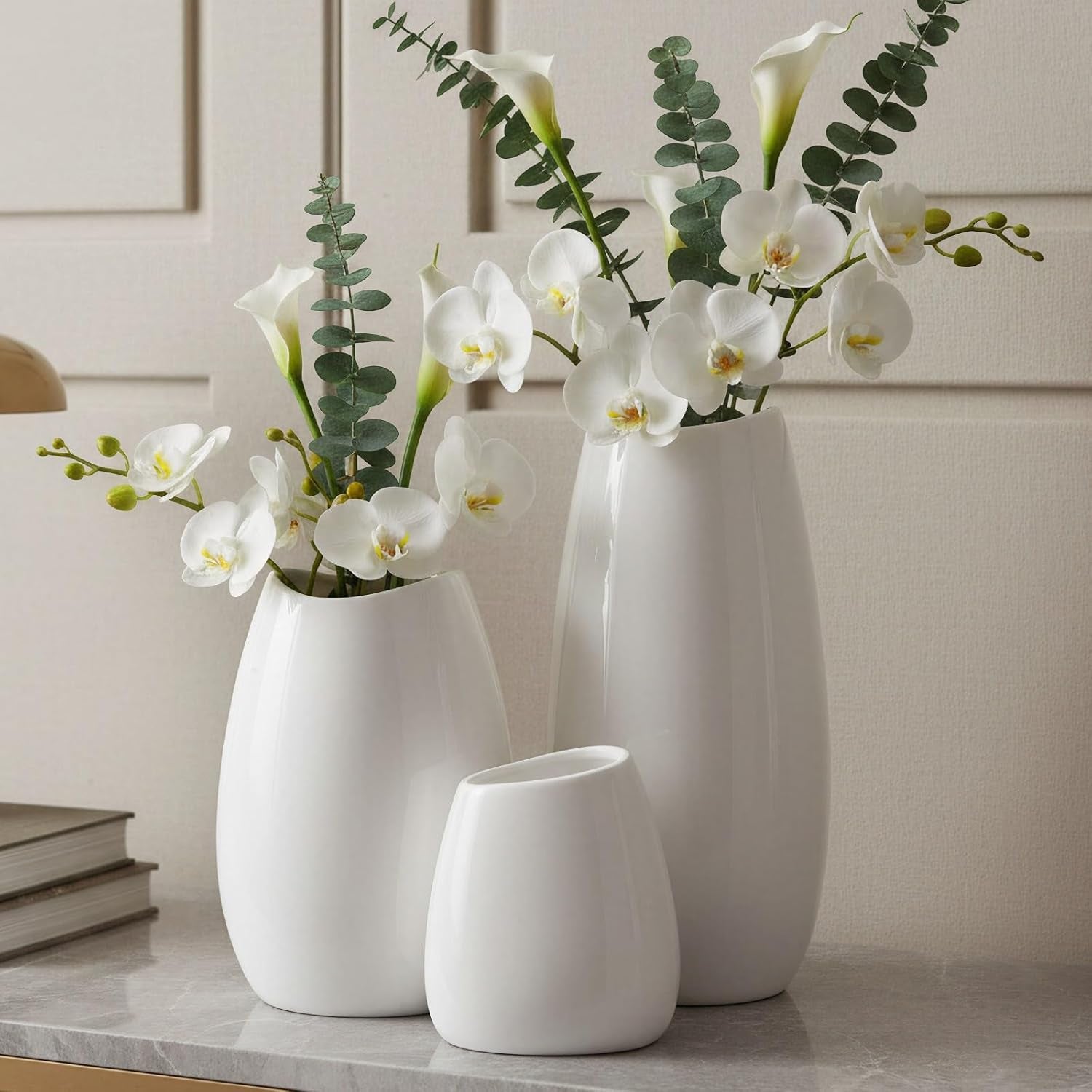 Ceramic Vase Set of 3 White Flower Vase for Home Decor, Modern Decorative Vases for Flowers/Ideal Shelf Decor/Table/Living Room/Kitchen/Office-White