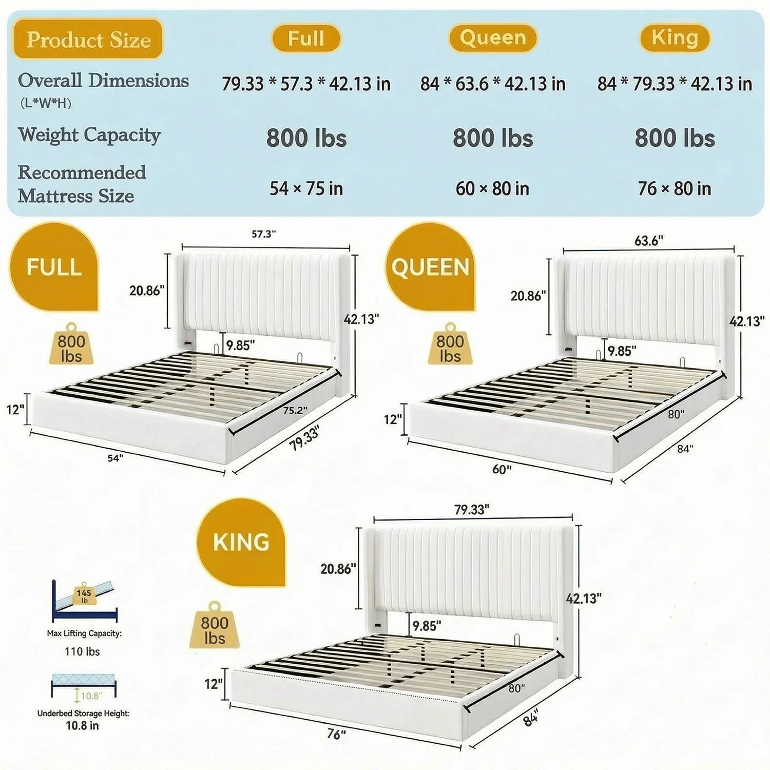 Upholstered lift up storage platform bed