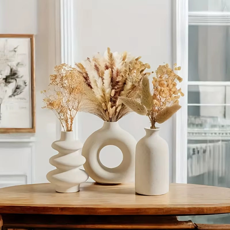 Set of 3 White Ceramic Bohemian Vase Set, Creative Home Decoration Vase Ornaments, Wedding Home Living Room Bedroom Decoration