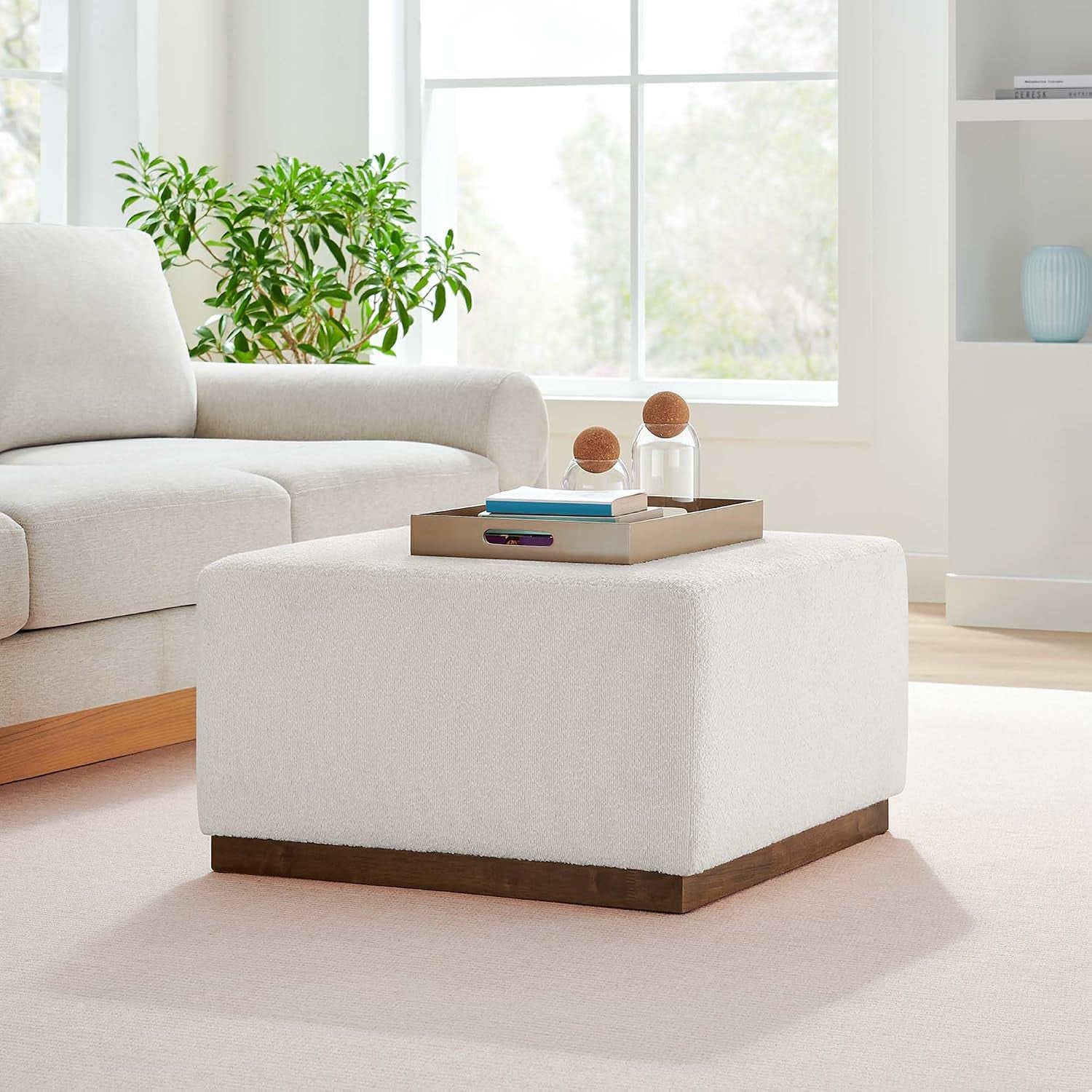 Large 28" Square Boucle Upholstered Upholstered Ottoman