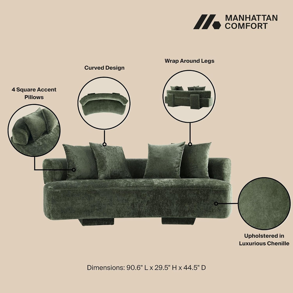 Verandah 90.6” Chenille Sofa with 4 Accent Pillows, Curved Back, Upholstered Wrap around Legs, Mid-Century Modern Living Room Furniture, Fully Assembled Couch, Olive Green