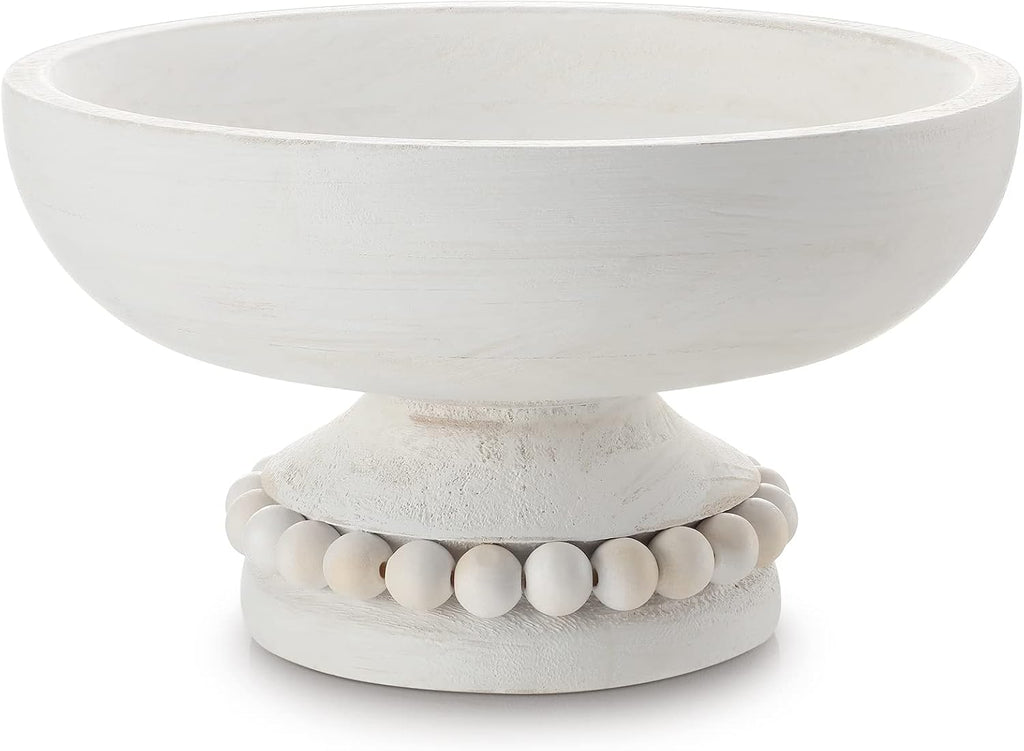 Wood Pedestal Decorative Bowl 8 Inch Wooden Distressed Beaded Bowl for Dining Table Centerpiece, Farmhouse, Serving and Home Décor(White)